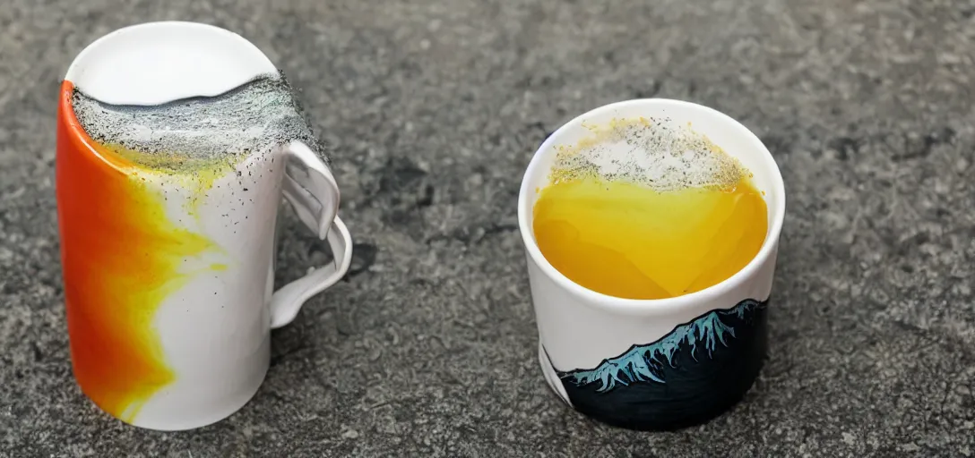 Prompt: A mug with a tsunami as a drink