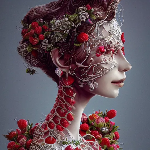 Image similar to the portrait of an absurdly beautiful, graceful, elegant, sophisticated, fashionable woman made of strawberries and white petals looking down, an ultrafine hyperdetailed illustration by kim jung gi, irakli nadar, intricate linework, bright colors, octopath traveler, final fantasy, unreal engine 5 highly rendered, global illumination, radiant light, detailed and intricate environment