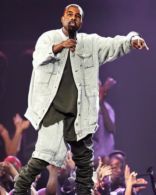 Image similar to kanye rapping on stage but his clothes are ten times too large for him