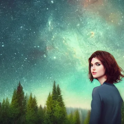 Image similar to an hd photo of a young woman with short brown hair and green eyes, beautiful trees in the background, night sky with stars and galaxies, trending on artstation