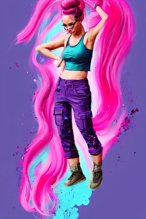 Image similar to a award winning half body portrait of a beautiful woman in a croptop and cargo pants with ombre purple pink teal hairstyle with head in motion and hair flying by artgerm, paint splashes, splatter, outrun, vaporware, shaded flat illustration, digital art, trending on artstation, highly detailed, fine detail, intricate