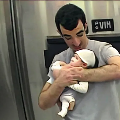 Image similar to cctv of Nathan fielder holding a baby