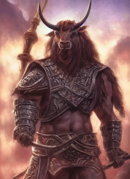 Image similar to minotaur dnd, ultra detailed fantasy, dndbeyond, bright, colourful, realistic, dnd character portrait, full body, pathfinder, pinterest, art by ralph horsley, dnd, rpg, lotr game design fanart by concept art, behance hd, artstation, deviantart, hdr render in unreal engine 5