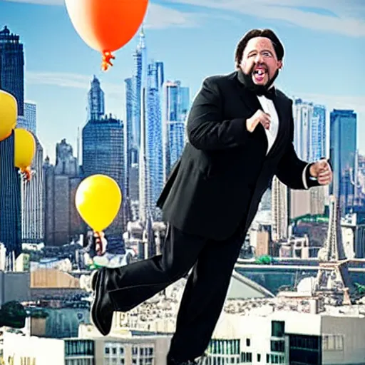 Prompt: clean-shaven Jon Favreau as Happy Hogan wearing a black suit and black necktie holding onto a bunch of helium balloons as he floats high above a city with a frightened expression on his face