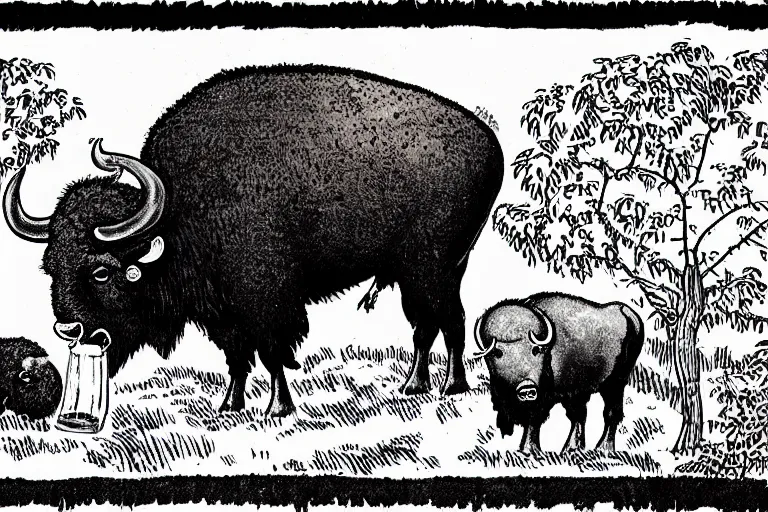 Image similar to a detailed illustration of a buffalo drinking red wine in a vineyard by a barn. by bill watterson and bob ringwood