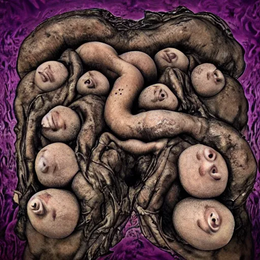 Image similar to lumpy organic matter in the style of tool album art, bodies piled and fused together, faces stretching in pain groaning, pure gluttonous mush, 8 k, ultra realistic, cinematic