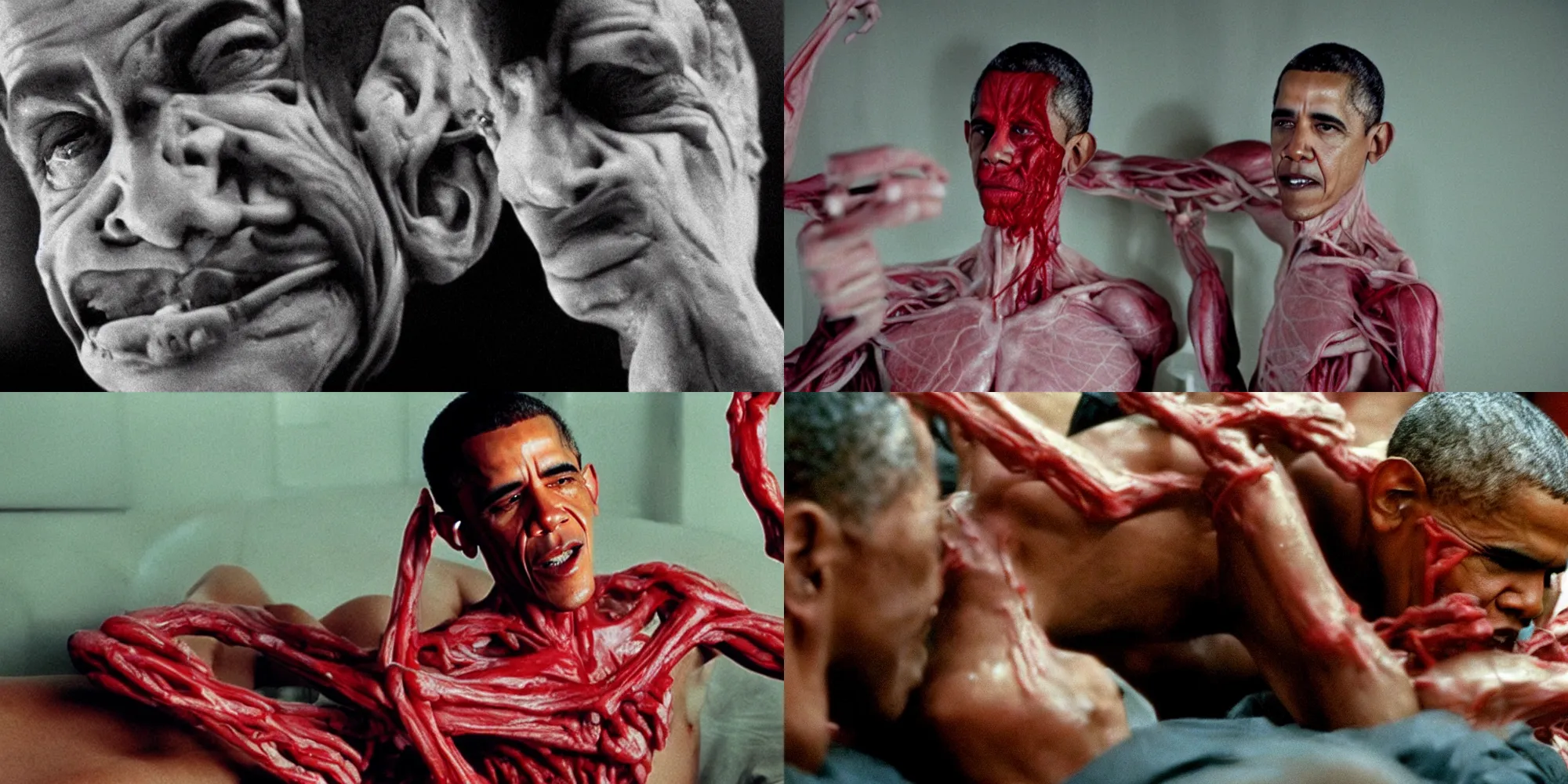 Prompt: obama body horror directed by david cronenberg, limb mutations, swollen veins, red flesh strings, cinestill 8 0 0 t, 1 9 8 0 s movie still, film grain