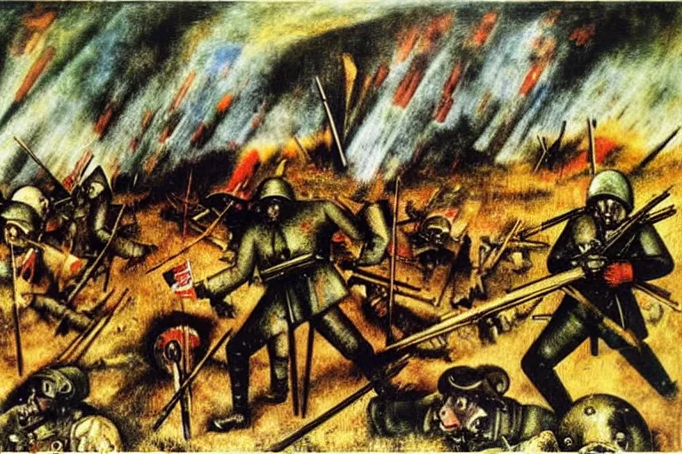 Prompt: a scene from a battlefield, painting by otto dix, k