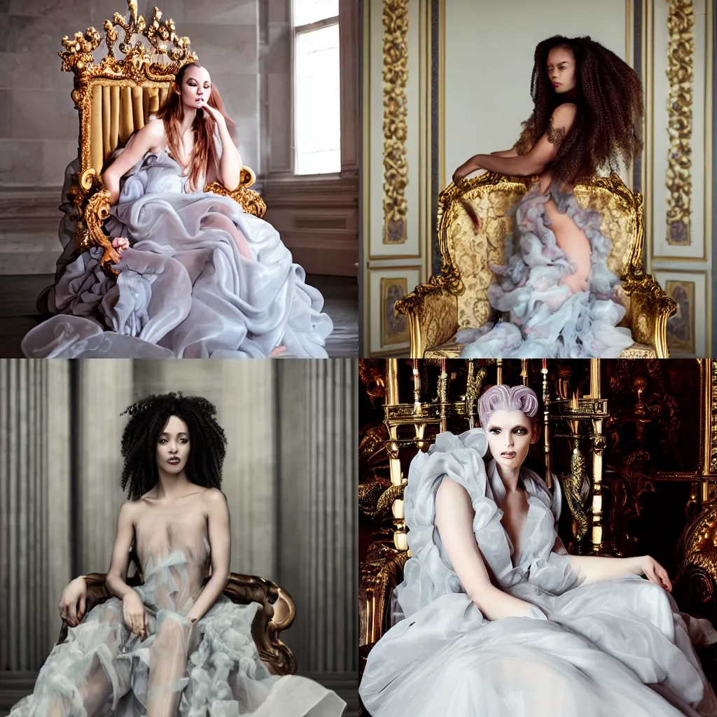 Prompt: beautiful Medusa with Simone Ashley\'s face, wearing organza gown, in a throne room, fashion photography