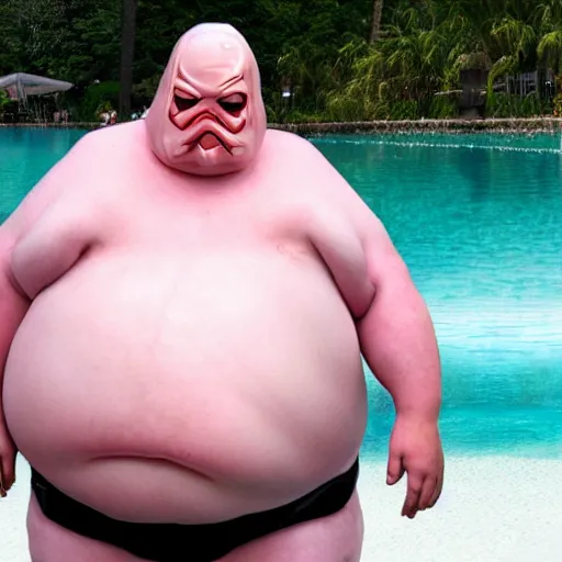 Image similar to a morbidly obese man in swimwear as a sith lord