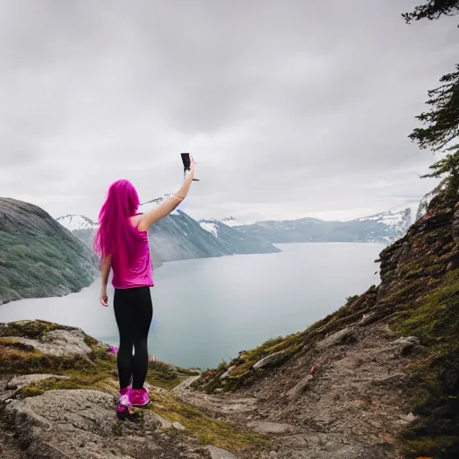 Image similar to a young woman with long pink hair, facing forward for a selfie, back towards fjord, hiking clothes, tank top, backpack, norway, fjords in background, cinematic, beautiful, stunning, day time, epic, 8 k, 1 6 : 9