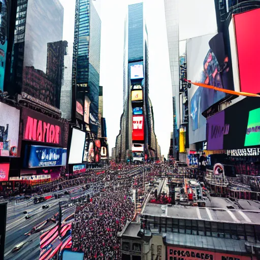 Image similar to : cinimatic photo pov standing on edge of building in time square new york, cannon photo, 8 k, high constrast