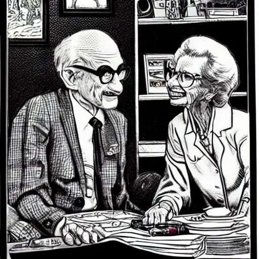 Prompt: The Artwork of R. Crumb and his Cheap Suit Dr. Ruth tells you to have more relations, pencil and colored marker artwork, trailer-trash lifestyle