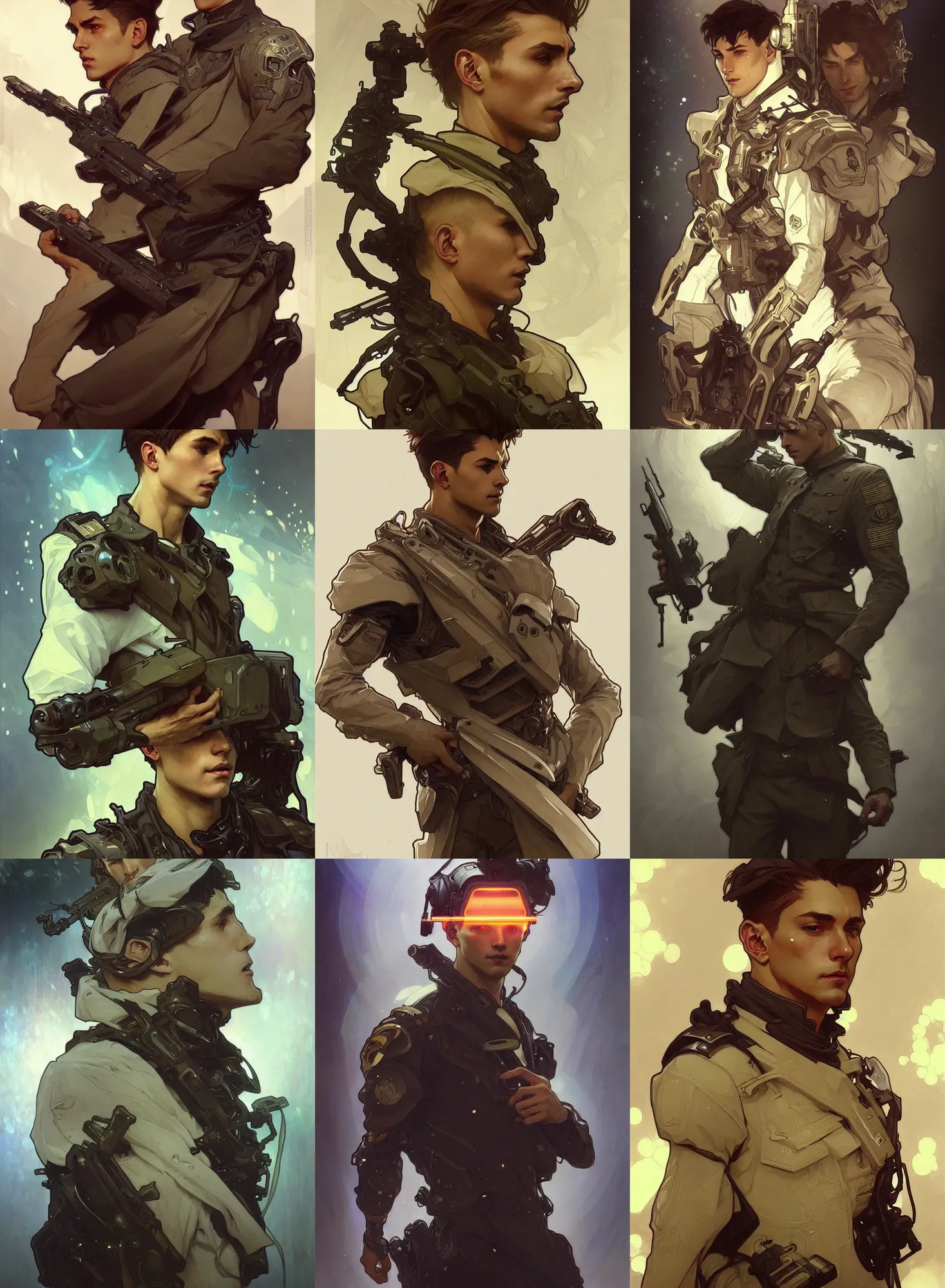 Image similar to a digital concept ar by artgerm and greg rutkowski and alphonse mucha. clear portrait of a lonely attractive men in uniform!! future military, hyper detailed, character concept, full body!! dynamic pose, glowing lights!! intricate, elegant, highly detailed, digital painting, artstation, concept art, smooth, sharp focus, illustration