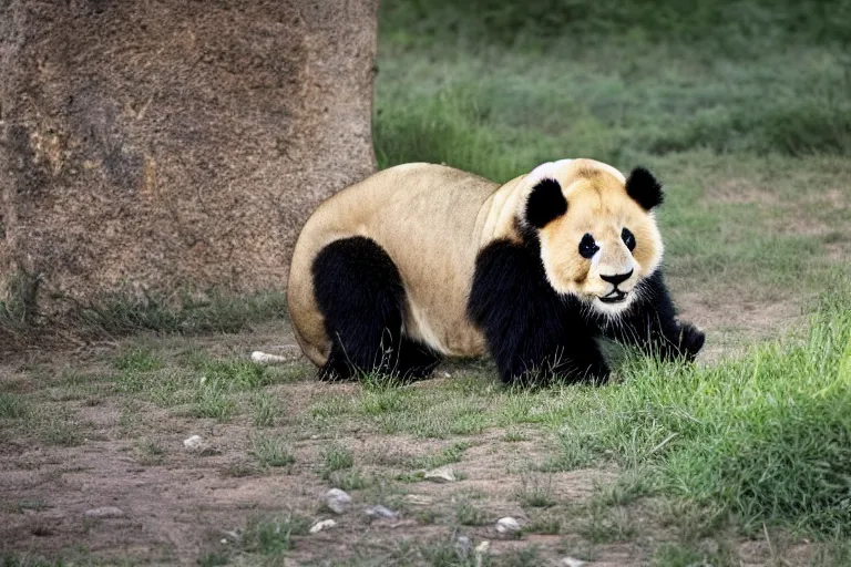 Image similar to a lion panda!!! hybrid! hyper realistic!! realistic lighting!! wildlife photographer of the year!!! bold natural colors, national geographic, hd, wide angle, 8 k