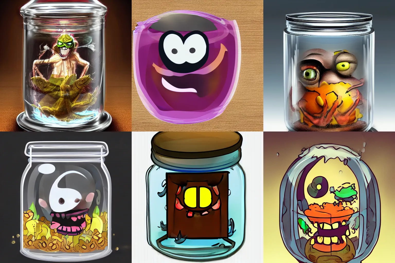 Prompt: an evil monster in a transparent jar