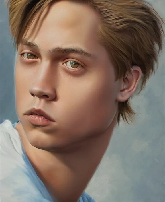 Image similar to cole sprouse art by denys tsiperko and bogdan rezunenko, hyperrealism