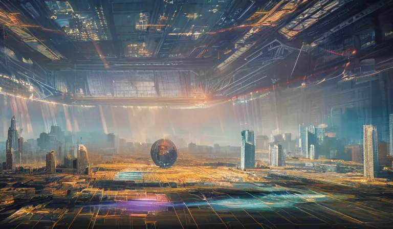 Image similar to group of people in humble warehouse, looking at hologram of futuristic city on a table, cinematic concept art, godrays, golden hour, natural sunlight, 4 k, clear details, tabletop model buildings, center model buildings, hologram center, crane shot, crane shot, crane shot