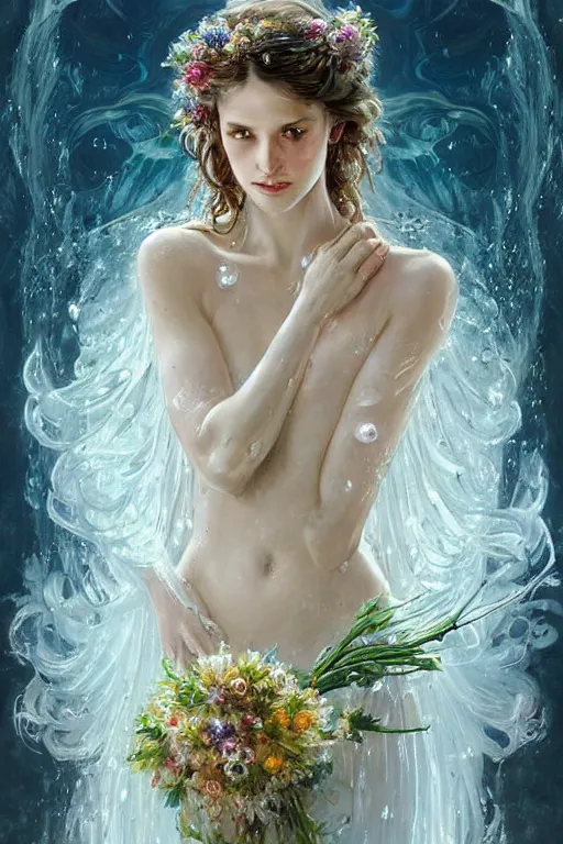 Image similar to portrait of a beautiful woman wearing a white dress, holding a bouquet of flowing flowers, drenched body, wet dripping hair, emerging from the water, fantasy, regal, fractal crystal, fractal gems, by stanley artgerm lau, greg rutkowski, alphonse mucha, loish, norman rockwell