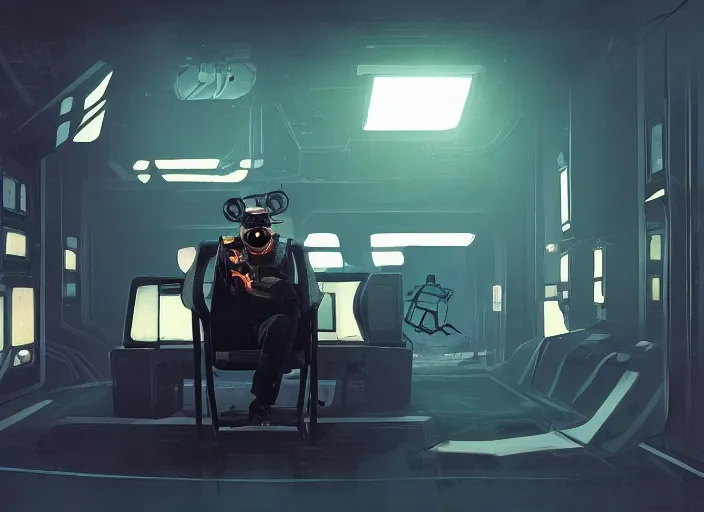 Prompt: a man sitting on a chair with things attached to his head, screens and monitors in front of him playing videos, ship interior, narrow hallway, scifi, dramatic lighting, dark, spotlight, concept art, surreal, by rutkowski