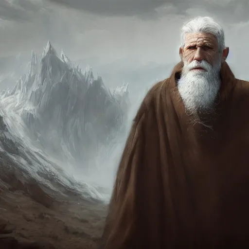 Prompt: portrait of an old man with long gray beard and a blind eye with a scar and him wearing a white cape with a hood on, Matte painting , detailed painting, made by Greg Rutkowski, 4k, atmospheric