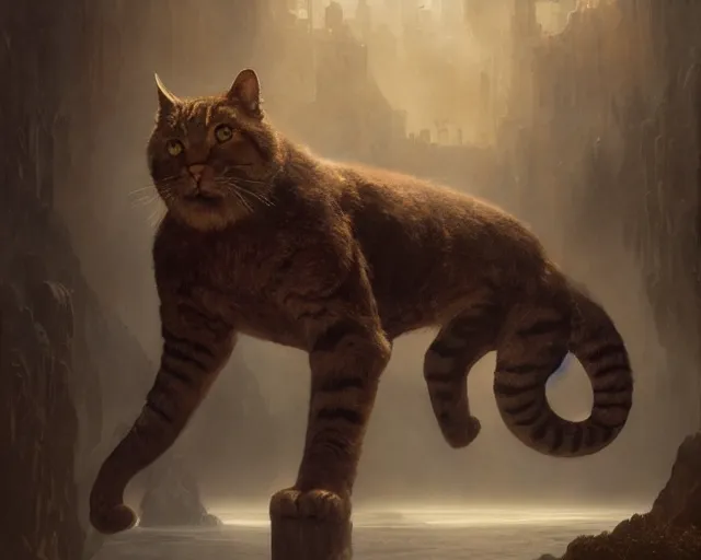 Image similar to giant cat monster, medium shot, disney concept artists, blunt borders, rule of thirds, by jaime jones, tom bagshaw, lawrence alma - tadema, greg rutkowski, fantasy art, intricate, elegant, highly detailed, 8 k, digital painting, concept art, sharp focus, mythological, ultra realistic, cinematic lighting, maximalist, hyperrealist