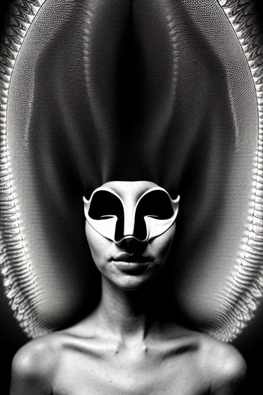 Image similar to portrait of a young beautiful woman with a mask. contemporary photograph, speed painting, fractal, mandelbulb. black and white, black on black. intricate, elegant, super highly detailed, professional digital painting, smooth, extreme illustration, Unreal Engine 5, Photorealism, HD quality, 8k resolution, 3D, beautiful, cinematic, art. art deco, 1950s suburbian.