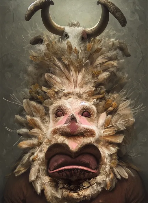 Prompt: a hyper detailed painting of an anthropomorphic joaquin phoenix, cow horns, pig nose, sheep wool, chicken feathers, horror, by anna podedworna, by miklos ligeti, by diego maricato, by taran fiddler, by antonino truisi, by chris reddie, by jinsung lim, on artstation