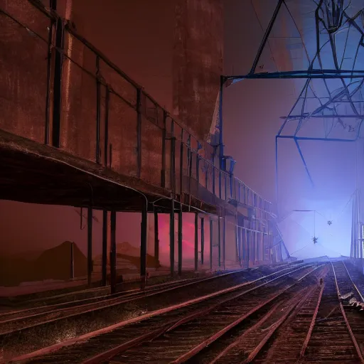 Image similar to an abandoned mine with rails and a trolley, the walls are lit with a dim blue light, cinematic, cyberpunk, 4k,