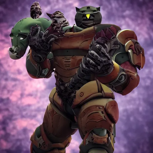Image similar to epic shot of cat doomslayer with cat head, cinematic