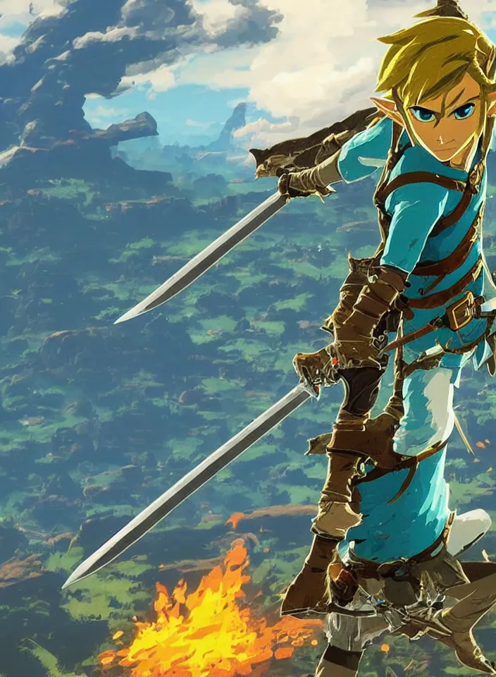 Image similar to a highly detailed render of link from the legenda of Zelda breath of the wild killing monster Bolsonaro with his sword, 4k screenshot