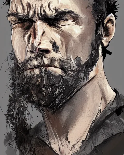 Image similar to portrait of muscular, tired and alcoholic 3 0 - year - old grieving man with short darkblonde hair, serious sad look in his eyes, looking down, dirty beard, blue eyes, crying tears, wearing dirty soldier uniform, on the desert, sad atmosphere, hyper realistic face, character art, art by artgerm, cryengine, trending on artstation, digital art