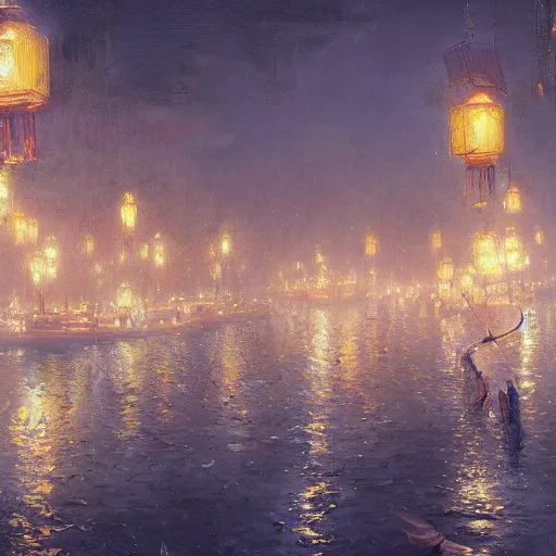 Image similar to concept art, river lanterns on the eve of ullambana festival, by james gurney, greg rutkowski, john howe, artstation