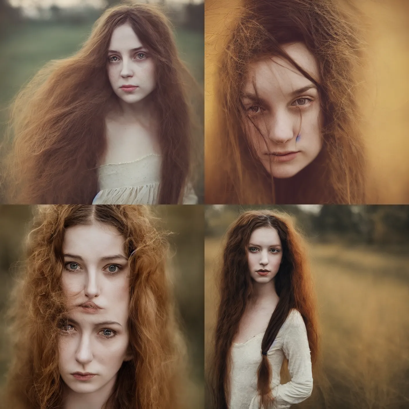 Prompt: portrait photography of a woman with long hair by anka zhuravleva and ary scheffer. color photography. detailed. golden hour. canon eos r 3, f / 1. 4, iso 2 0 0, 1 / 1 6 0 s, 8 k, raw, unedited, symmetrical balance, in - frame.