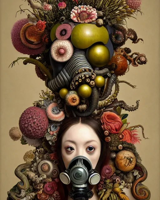 Image similar to a maximalist biomorphic portrait with with large eyes, expressive, wearing a botanical gas mask by arcimboldo, baroque painting by ayami kojima, mark ryden, haunting surrealism by dali, cephalopod, focus on head, soft light, 4 k, octane high quality render