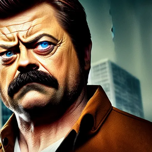 Prompt: High quality movie poster of Ron Swanson as the Wolverine,