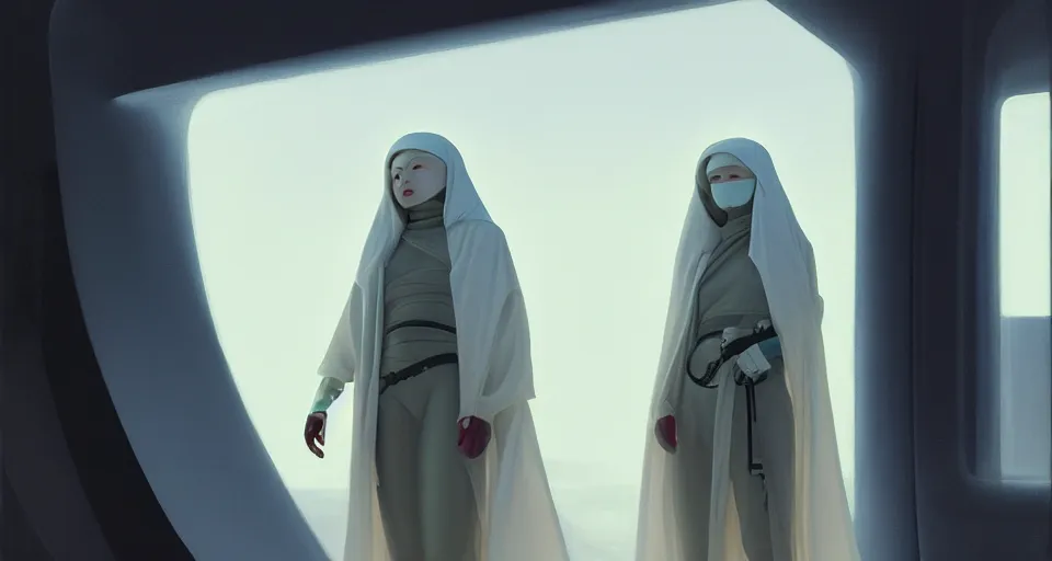 Image similar to painting of a portrait of kang seul - gi, as a cyberpunk girls at night. white long hair, burka, ruan jia, weldon casey, ralph mcquarrie. cinematic. smooth gradients, transparent inflatable structures in akakus desert. trending on artstation.