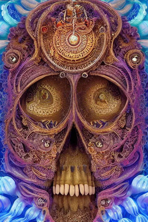 Prompt: 3 d goddess fractal close - up frontal portrait with ram indian flag skull. beautiful intricately detailed indian fractal mask. betta fish, jellyfish fractal, bio, india luminescent, plasma, ice, water, wind, creature, mandelbulb, fractal, artwork by tooth wu and wlop and beeple and greg rutkowski