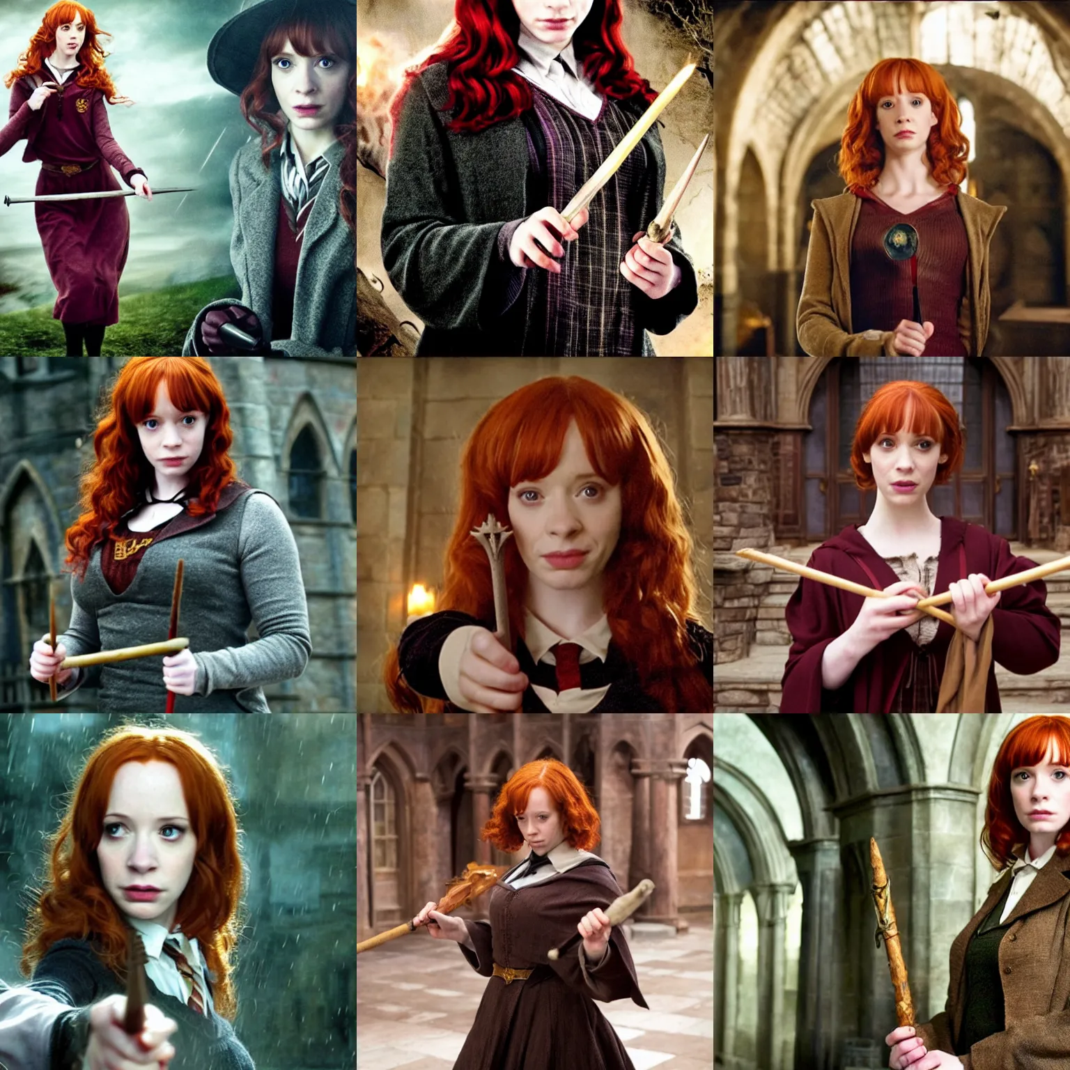 Prompt: female hogwarts student holding wand played by amazing beautiful christina hendricks, movie still harry potter and the deathly hallows by david yates, film still from the movie directed by denis villeneuve, wide lens