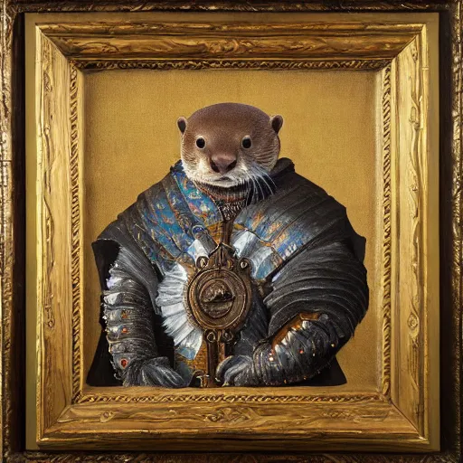 Prompt: Otter in renaissance armor. Finely detailed, oil on canvas.