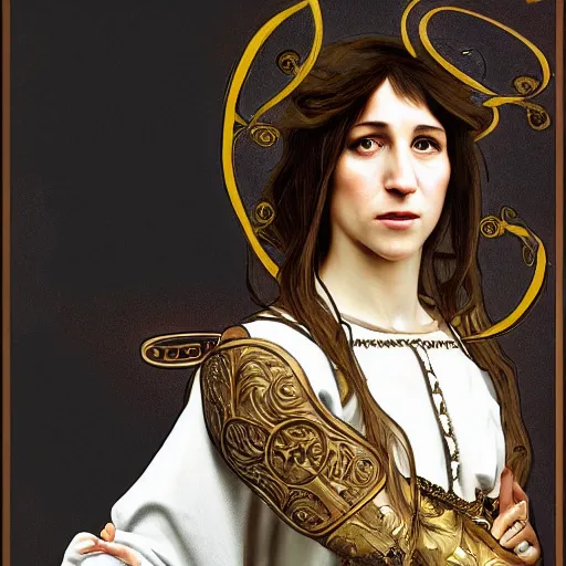 Image similar to portrait of charlotte gainsbourg as joan of arc, hyperreal digital painting, iconography influenced by alphonse mucha and eugene delacroix, arstation and deviantart trends, high resolution 8 k