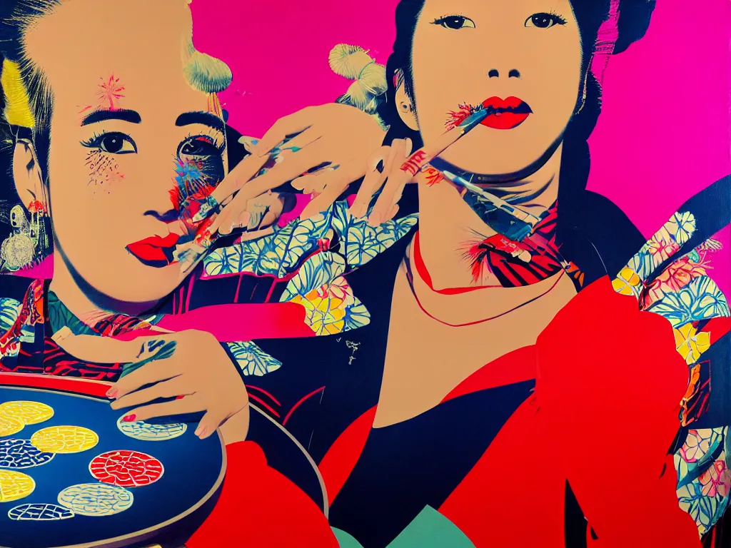 Prompt: hyperrealism composition of the detailed woman in a japanese kimono sitting at a poker table with predaror, fireworks on the background, pop - art style, jacky tsai style, andy warhol style, acrylic on canvas