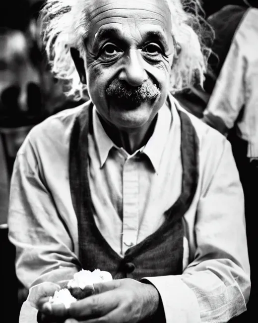 Image similar to A photo of Albert Einstein eating Golgappa, highly detailed, trending on artstation, bokeh, 90mm, f/1.4