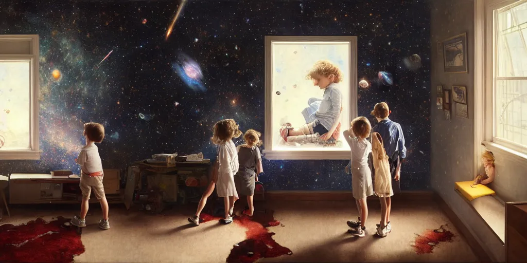 Prompt: one 5 year old boy and one 1 2 year old girl looking at the wall of their bedroom and seeing the universe full of galaxies and planets, imagination, part by norman rockwell, part by greg rutkowski, part by mattias adolfsson, high angle, ( ( ( ( volumetric lighting ) ) ) ), oil on canvas