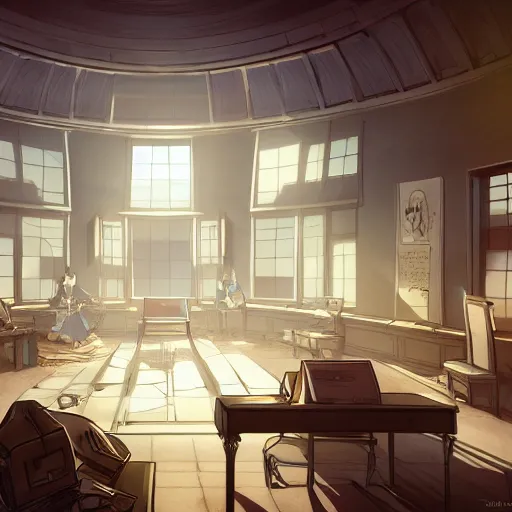 Image similar to interior of the burnt down oval office, anime fantasy illustration by tomoyuki yamasaki, kyoto studio, madhouse, ufotable, square enix, cinematic lighting, trending on artstation