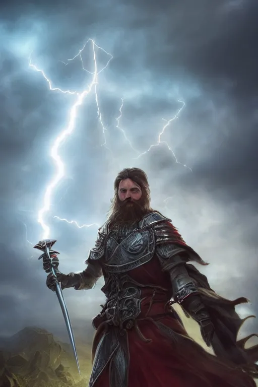 Image similar to hyper realistic wizard holding a sword that’s pointed towards the sky, getting shocked by lightning, octane, trending on artstation, hyper realistic, highly detailed, 8k