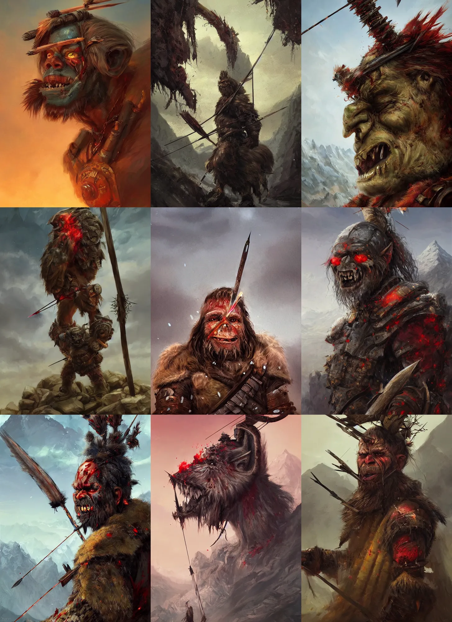 Prompt: head and shoulders masterpiece portrait of ork warrior struck by an arrow in the shoulder, bleeding, tired, desolated mountains in the distance, surreal background, digital art by krenz cushart, trending on artstation, cgsociety