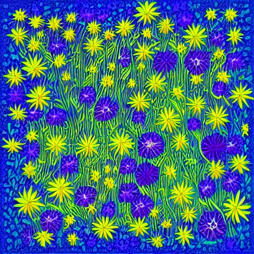 Image similar to in the style of neurographic drawing of a field of flowers