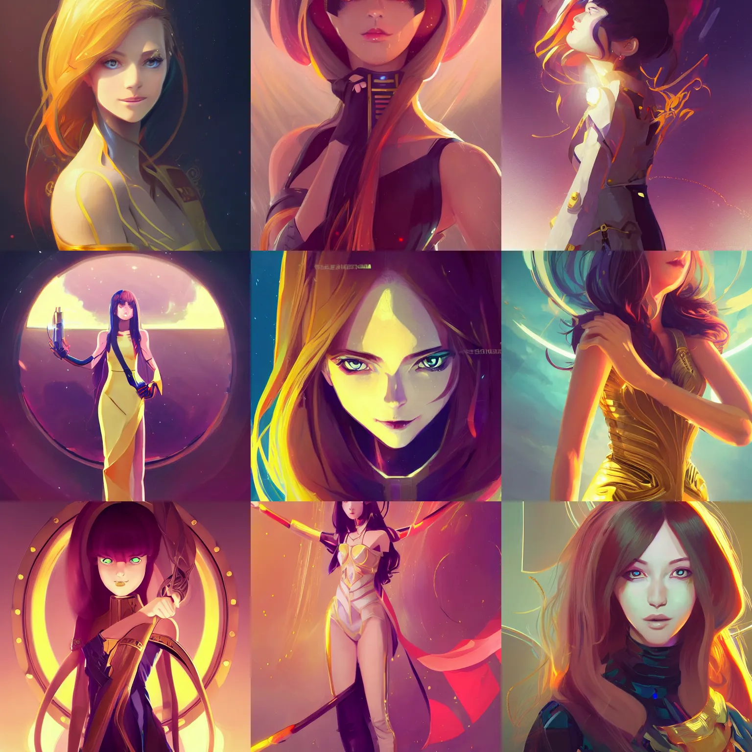 Image similar to portrait girl in futuristic luxurious golden dress holding a ceremonial sword, long curvy hair, colourful palette, pretty face, cute face, symmetrical face, intimidating expression, red eyes, anime by greg rutkowski rossdraws makoto shinkai, adobe illustrator, trending on pixiv, behance