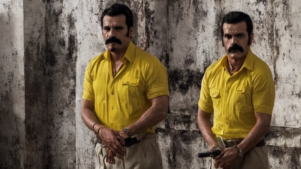 Prompt: A still of El Mencho from the Narcos: Mexico TV show, yellow lighting